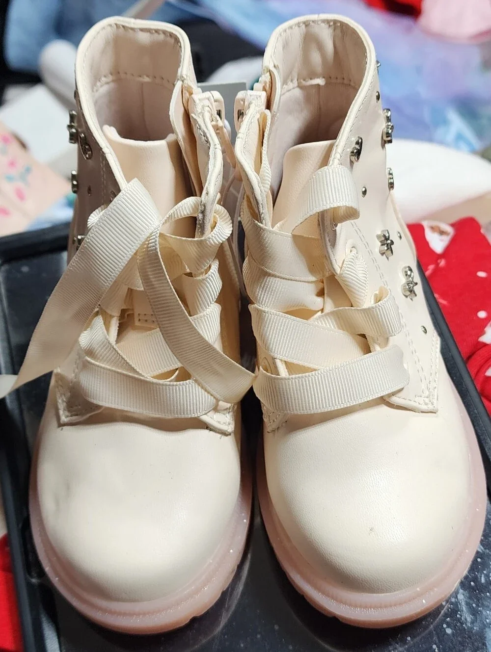 Cat & Jack Girls Cream Lace-Up Ankle Boots with Pink Sole